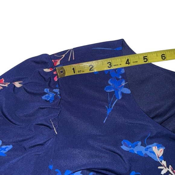 LEliza J's  Floral Navy Blue Puff Sleeve Waist Tie Leg Slit Long Dress Sz 18W - Picture 9 of 12